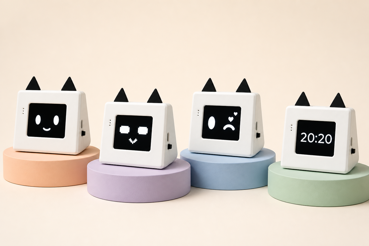 Four Mipo-Cat devices showing gentle, arcade, heart, and clock screen states