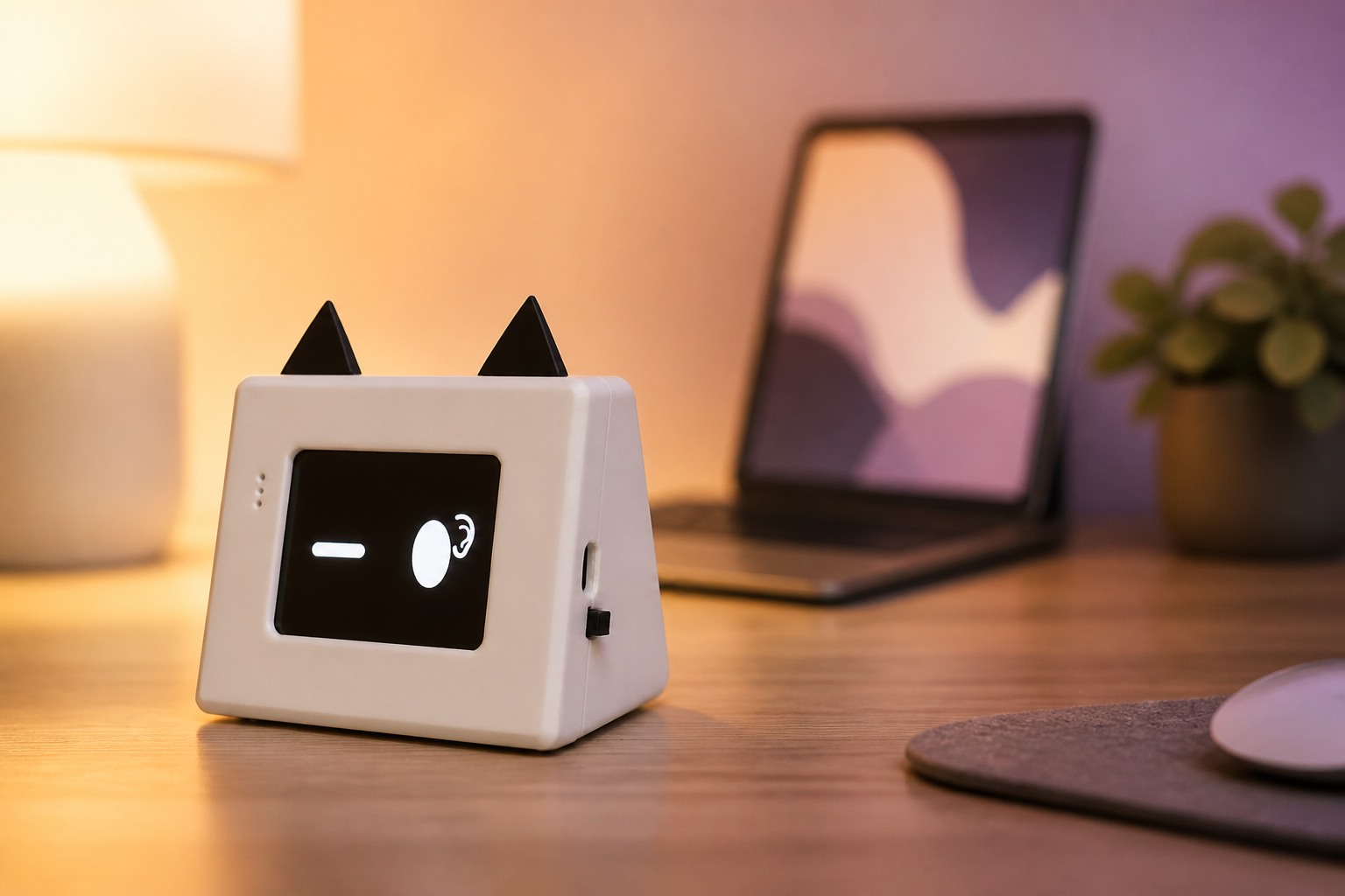 Mipo-Cat listening beside a laptop on a warmly lit desk