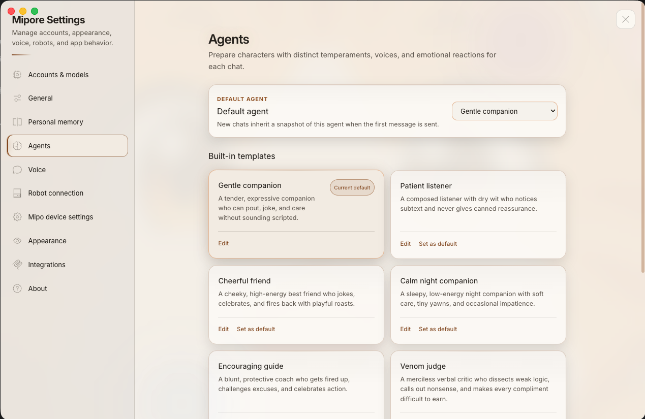 Mipore agent settings showing personality templates and the selected default companion