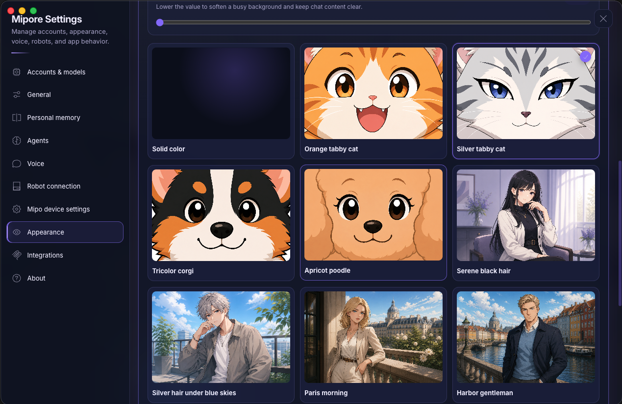 Mipore appearance settings showing a dark interface palette and background library