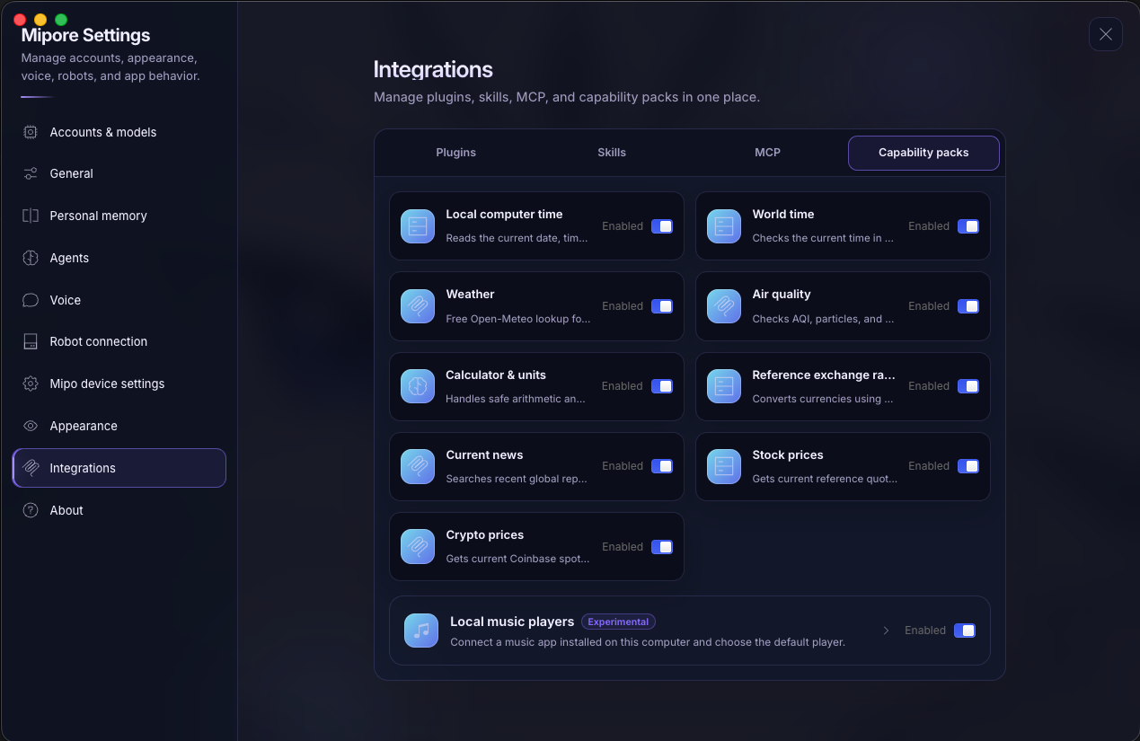 Mipore integrations settings showing plugins, skills, MCP, and individually controlled capability packs