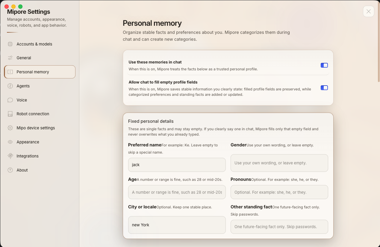 Mipore personal memory settings showing consent controls and editable profile fields