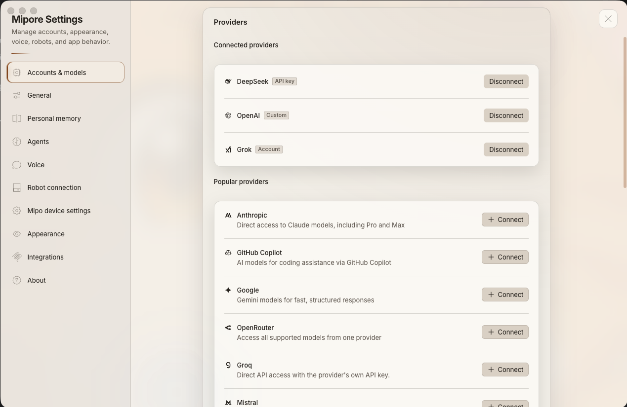 Mipore accounts and models settings showing connected and available AI providers
