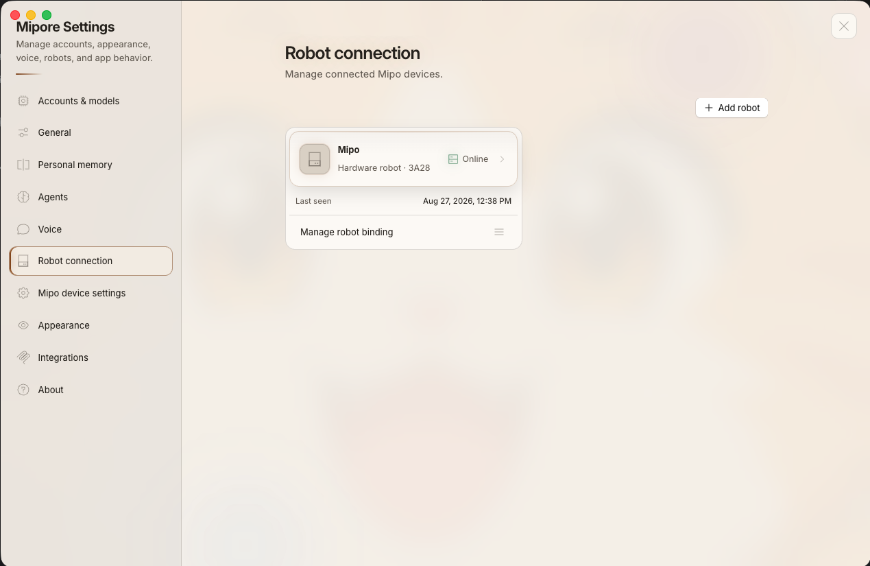 Mipore robot manager showing a connected Mipo device, online state, and last-seen time