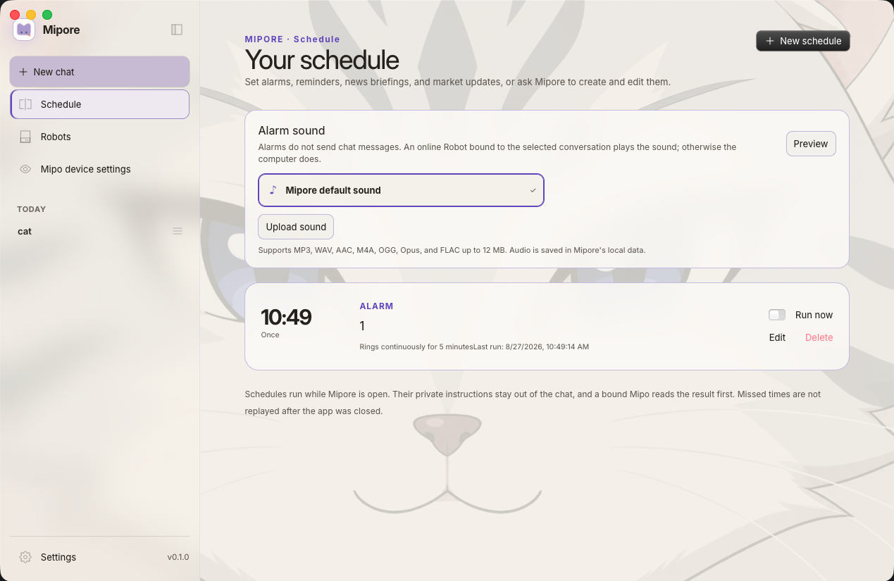 Mipore schedule showing alarm sound controls and scheduled news and alarm cards