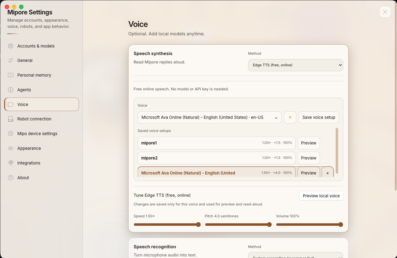 Mipore voice settings showing speech synthesis, saved voices, and tuning controls